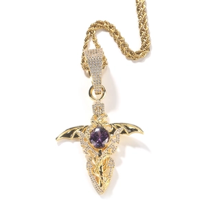Detail of hip-hop sword pendant with purple zircon and golden wings on rope chain
