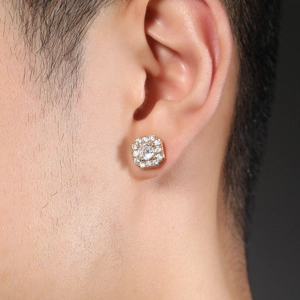 Hip hop style gold cross earrings with 8MM round zircon stones on an Asian model