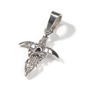 Gothic demon sword necklace with purple gemstone and winged cross pendant for men