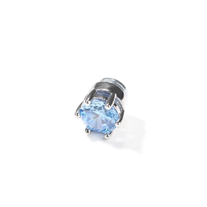Macro shot of 8mm sky blue round zircon stud earring with silver six-prong magnetic setting