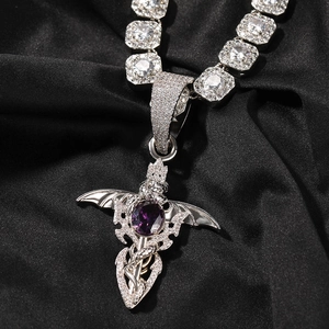 Gothic hip hop necklace with purple gemstone, devil wings, and sword pendant