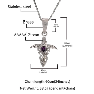 Hip hop devil sword necklace with purple zircon and bat wings made of stainless steel