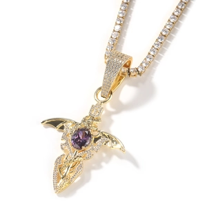 Hip hop devil sword cross necklace with purple zircon and gold wings for men