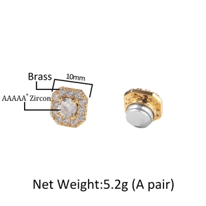Gold 10mm magnetic cross stud earrings with square-cut AAAAA+ zircon for men
