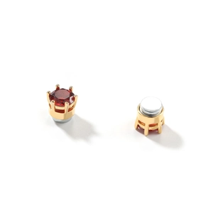 Pair of 8mm red round cubic zirconia magnetic stud earrings with gold six-prong setting