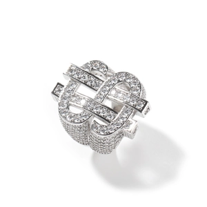 Detailed close-up of a silver hip-hop ring featuring a dollar sign set with pavé zircons