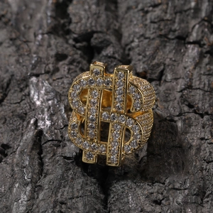 Hip Hop Gold Plated Dollar Sign Ring with Pave Zirconia Stones for Men on Wood Texture