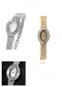 Détail d'une montre à quartz ovale de luxe ornée de zircons et de chiffres romains