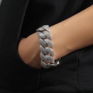 Close-up of 24mm silver Cuban chain with shimmering cubic zirconia micro-pave setting