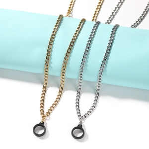 Detail of gold and silver metal neck chains with black silicone non-slip rings for devices