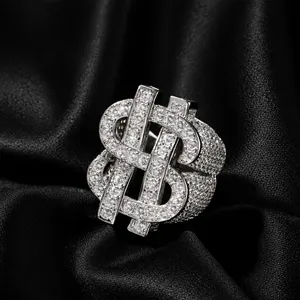 Hip Hop Iced Out Dollar Sign Ring For Men Copper Pave AAAAA Zirconia Gold Silver Plated Big Finger Band Ring Jewelry
