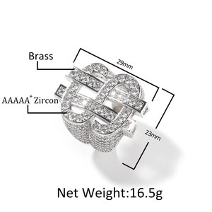 Hiphop men's brass ring with iced out AAAAA+ cubic zirconia dollar sign design