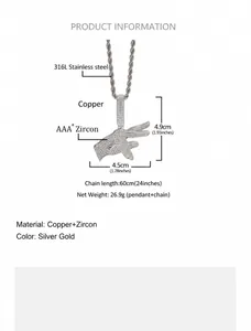 Detailed specs of hip hop hand pendant with 316L stainless steel rope chain and cubic zirconia