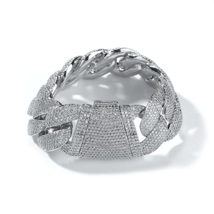 Detail of silver Cuban chain necklace featuring clear zircon stones and square clasp