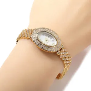 Montre Quartz Femme Luxe Cadran Ovale Incrusté de Zircon Mode Plaqué Or Argent Cuivre Bijoux Hip Hop Montre-bracelet
