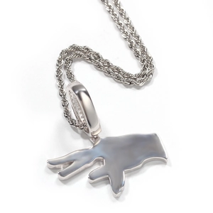 Hip hop gesture pendant necklace with silver finish and cubic zirconia rope chain design