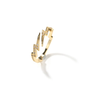 Detail of gold lightning bolt ring with sparkling cubic zirconia pavé setting