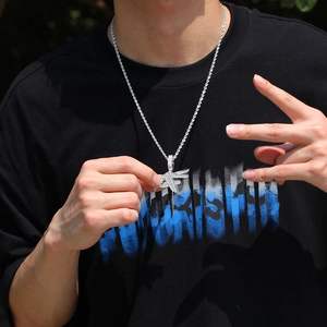 Hip hop pendant necklace with silver finish twisted chain and sparkling zircon inlays