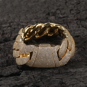 Men's hip hop Cuban link chain with gold plating and paved white zircon stones
