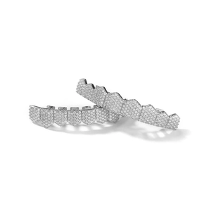 Hiphop silver grillz set with eight sparkling zircons on white background for men