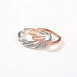 Cool Hip Hop Lightning Bolt Ring For Women Men Copper Inlaid Zirconia Open Adjustable Finger Ring Fashion Personality Jewelry