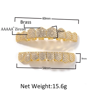 Gold brass grillz set with AAAAA+ zircons and full diamond iced out fangs design