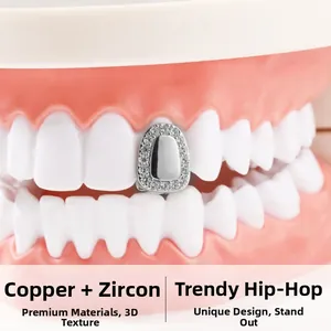 Macro detail of silver plated copper hip hop grillz with cubic zirconia stones