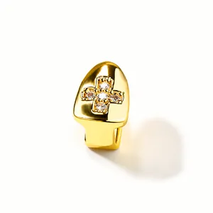 Hiphop Koperen Kruis Enkele Tand Grillz Iced Out Strass Tand Sieraden Voor Mannen Vrouwen Goud Zilver Vergulde Grill
