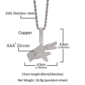 Hip hop gesture pendant necklace with AAA+ zircon and 316L stainless steel chain