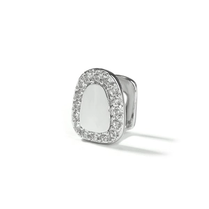 Silver hip hop single tooth grillz with micro paved zircon stones and a mirror finish center