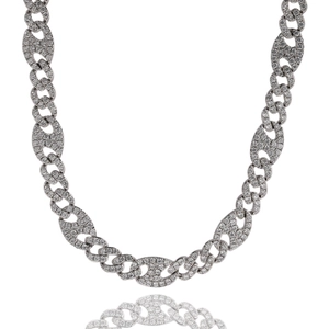 Detail of silver plated iced out Cuban chain with pave zircon coffee bean links