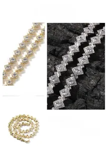 Detail of hip-hop square geometric link chain with cubic zirconia in gold and silver