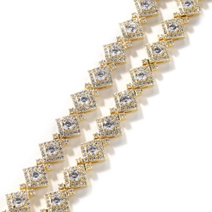 Hip hop style gold square link necklace with full zircon diamonds and luxury shiny finish
