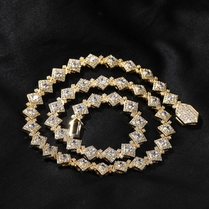Close-up of gold-plated hip-hop necklace with diamond-encrusted rhombic zircon links