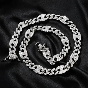 Collier Bracelet Hip Hop Iced Out pour Hommes en Cuivre avec Zirconia Pave Maille Gourmette Marina Museau de Porc Bijoux Streetwear Or Argent