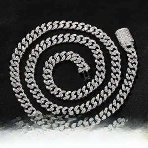 Macro shot of 925 sterling silver Cuban link chain encrusted with sparkling moissanite stones