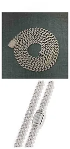 Close-up of a 6mm silver moissanite cuban link chain with a diamond encrusted square clasp