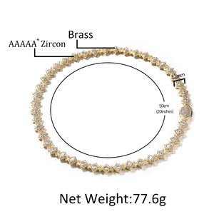 Gold 12mm square link hip hop chain with AAAAA+ cubic zirconia stones in 20 inch length
