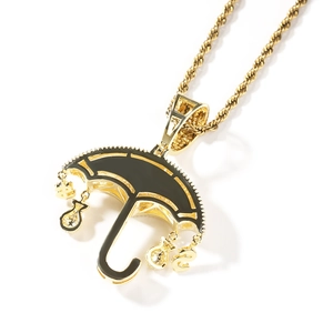 Collana con ciondolo a ombrello hip hop oro con smalto nero e simboli del dollaro