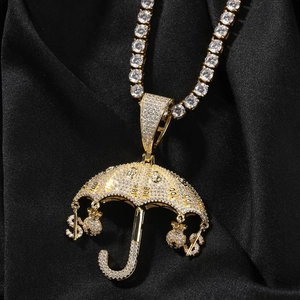 Ciondolo a ombrello hip-hop in oro con pietre CZ e ciondoli dollaro su catena tennis