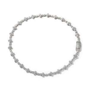 Detail of silver clover link necklace with iced out crystals and clasp closure