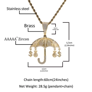 Collana hiphop con ciondolo a ombrello dorato e zirconi con pendenti a segno di dollaro $
