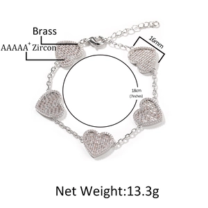 Bracciale minimalista con cinque cuori in ottone e zirconi AAAAA, gioiello lungo 18cm
