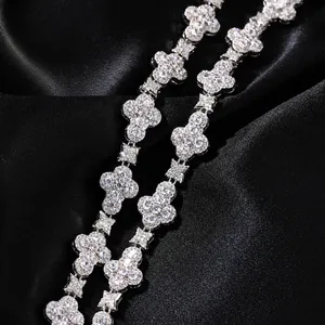 Hip Hop Copper Rhinestone Clover Link Necklace For Men Women Iced Out Bling Jewelry Versatile Sweater Chain Fashion Accessory