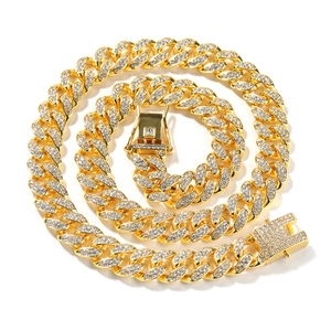 Chaîne cubaine 12mm plaquée or sertie de strass brillants bijoux hip hop pour hommes