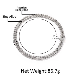 Chaîne cubaine hip hop 12mm argentée pour hommes avec strass brillants de 50cm