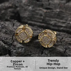 Detailed close-up of hip-hop earrings in copper gold plating with micro-inlaid zircon stones