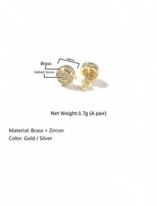 Detail view of 8.6mm gold-plated hip hop stud earrings with micro-pave AAA+ cubic zirconia
