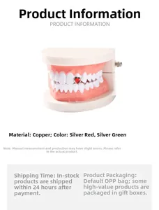 Detailed view of hip hop heart tooth jewelry in silver-red and silver-green copper