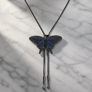 Hip Hop Kupfer Zirkonia Schmetterling Bolo-Krawatte Halskette Für Herren Damen Lange Edelstahl Schlangenkette Tier Schmuck Geschenk